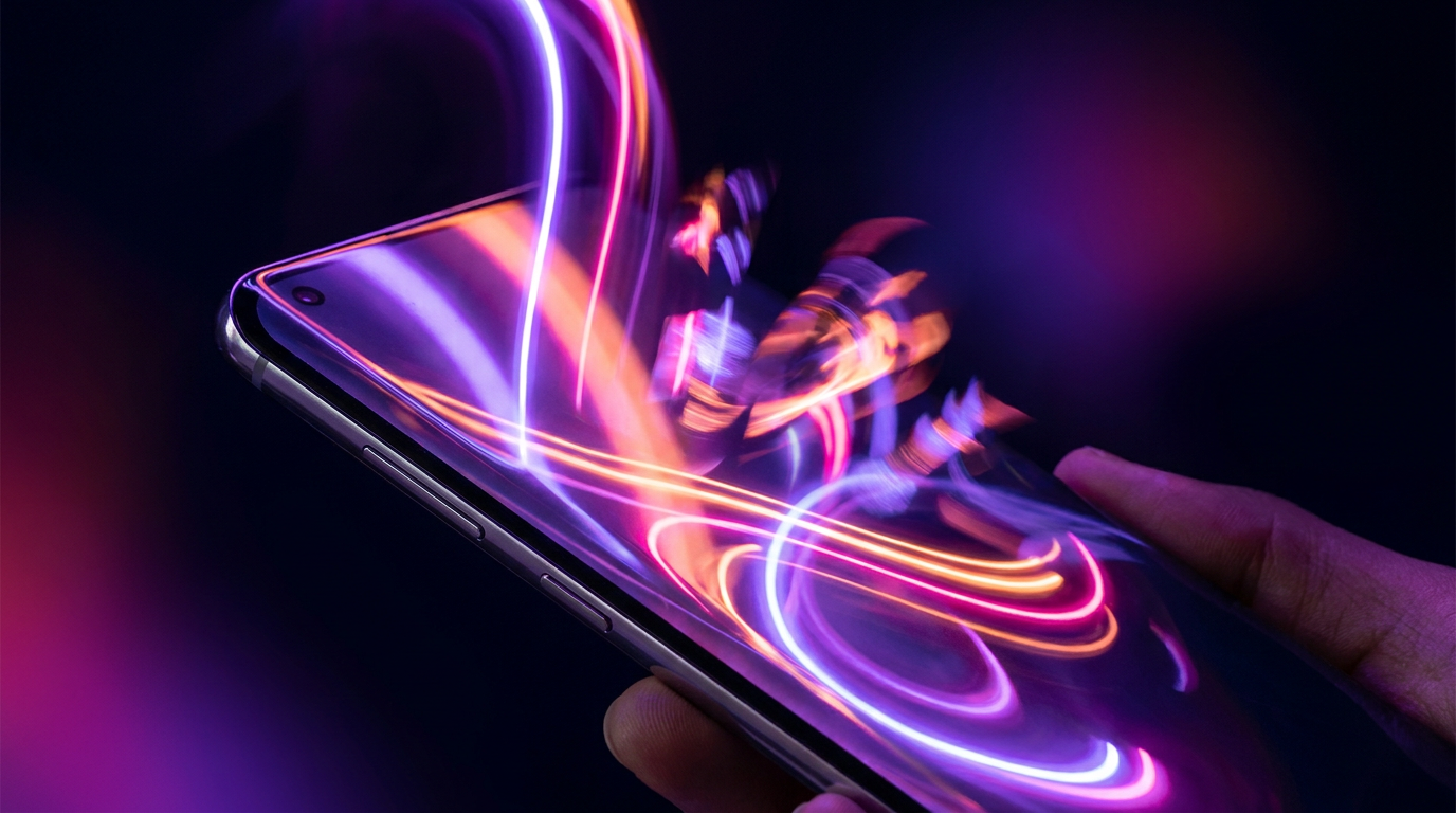 Smartphone displaying dynamic 3D video editing interface with neon gradient accents