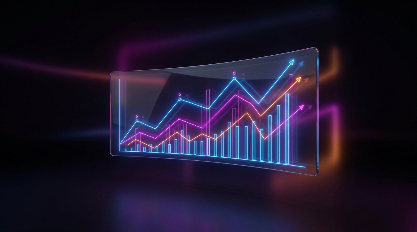 Futuristic data dashboard with glowing neon charts on a dark background