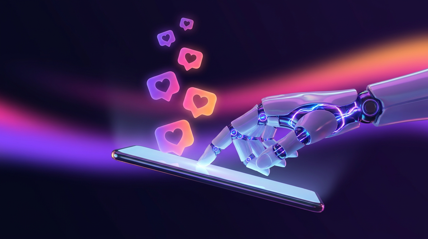 Smartphone screen with floating chat bubbles and glowing neon robotic elements.