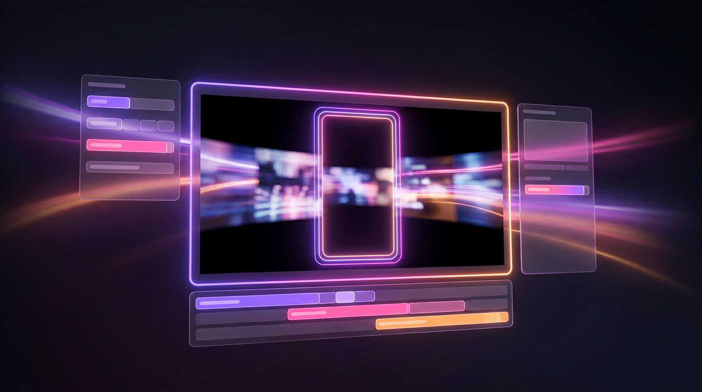 Smartphone displaying a vertical video surrounded by horizontal frames on dark neon background