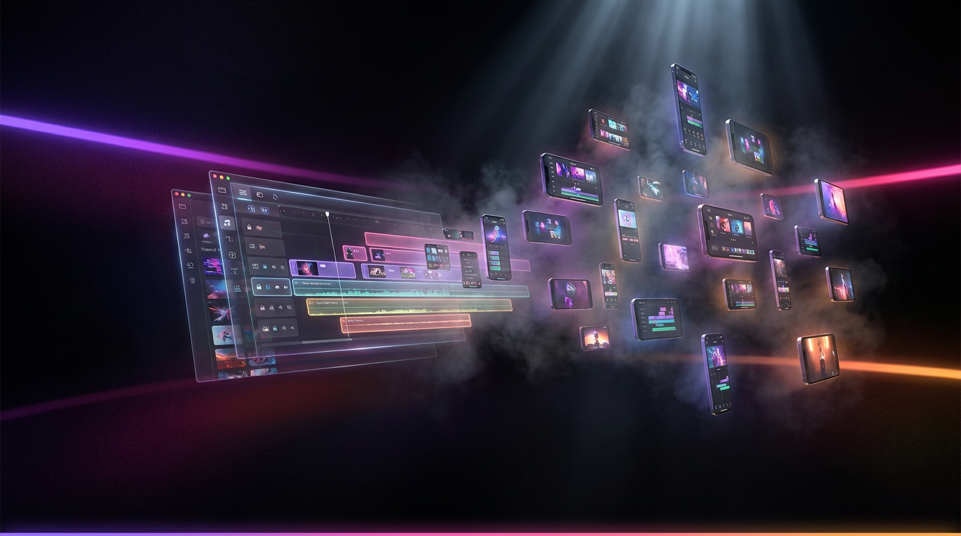 Glowing robotic arm sorting neon video frames on a dark cinematic background