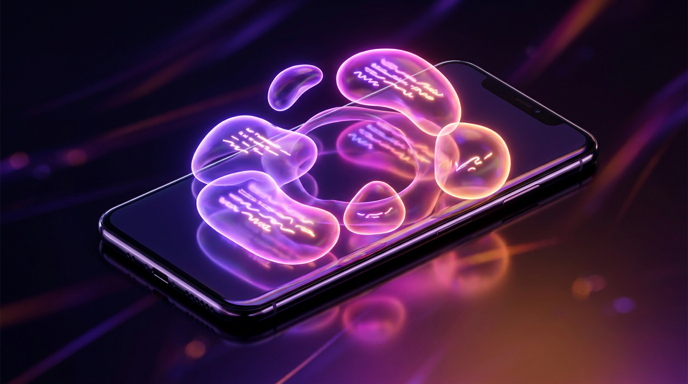 Smartphone emitting glowing multilingual translation bubbles in a dark neon-lit studio