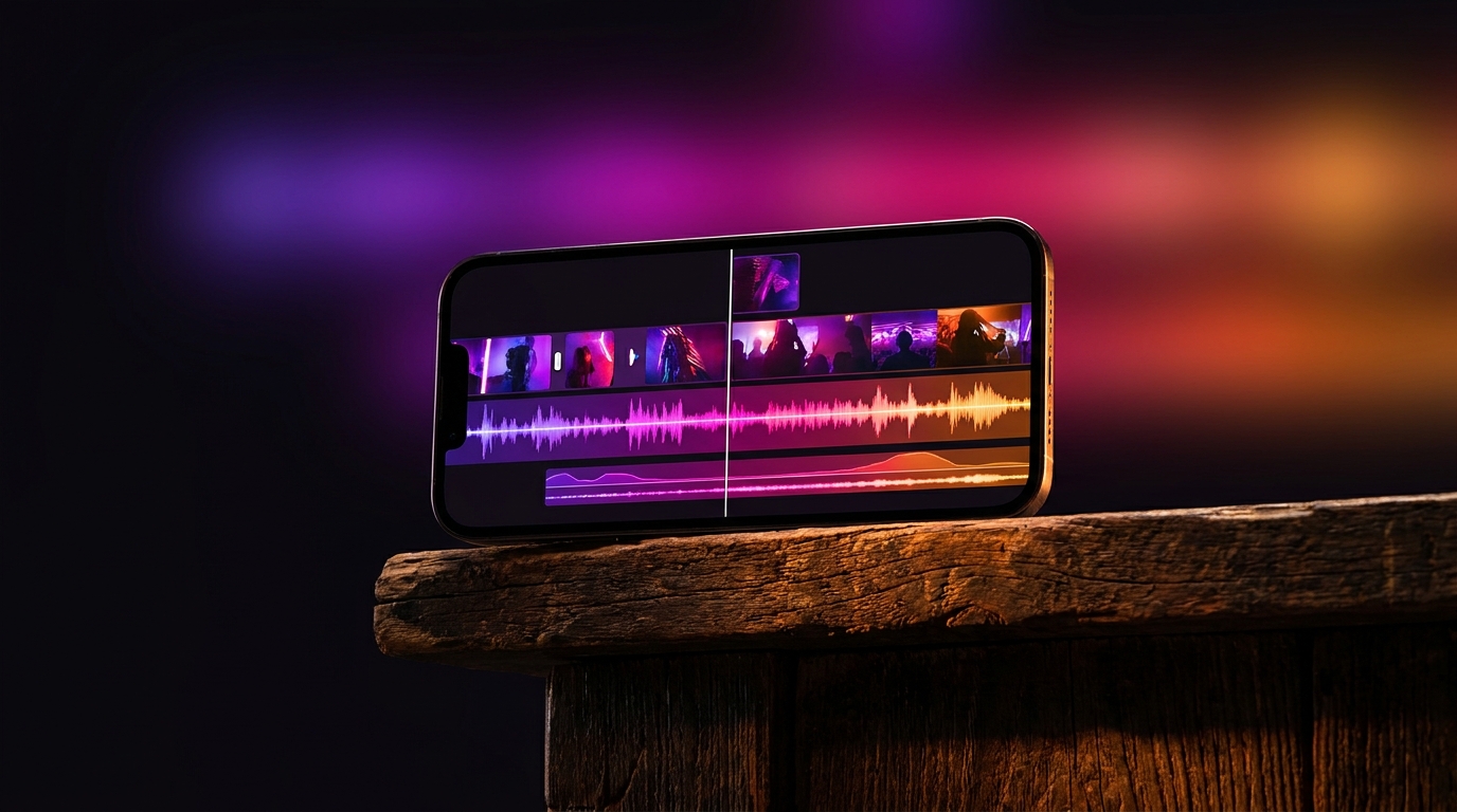 Smartphone displaying vertical video captions on a modern church media desk setup