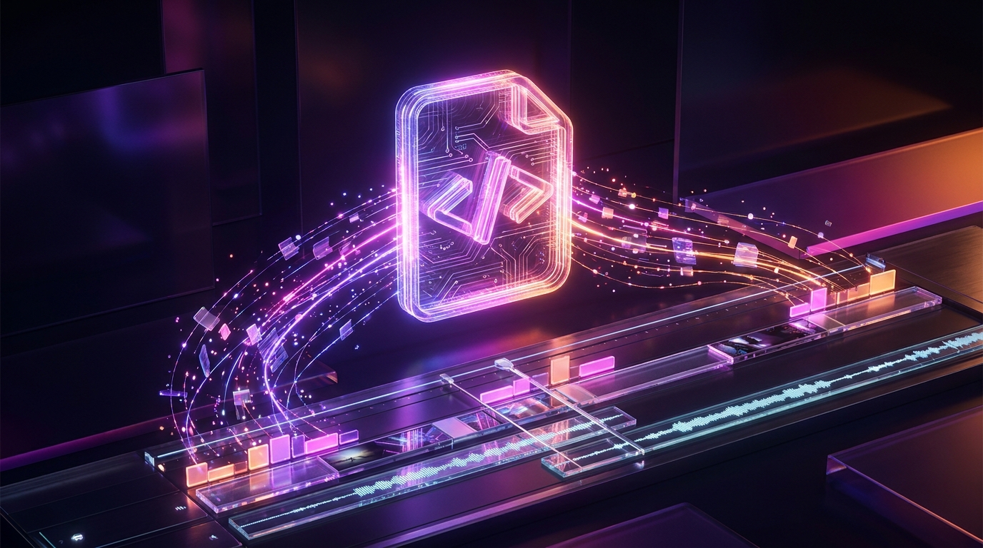 Glowing XML file icon connecting to a video editing timeline