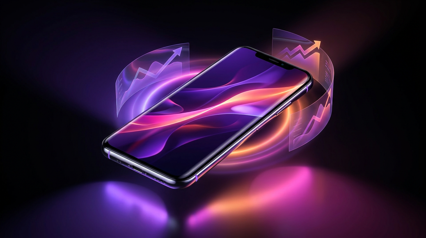 Smartphone displaying glowing holographic social media metrics and a rising trend line