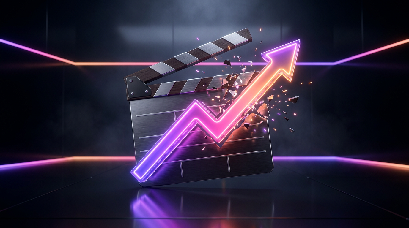 Computer monitor showing video editing timelines and upward trending analytics charts