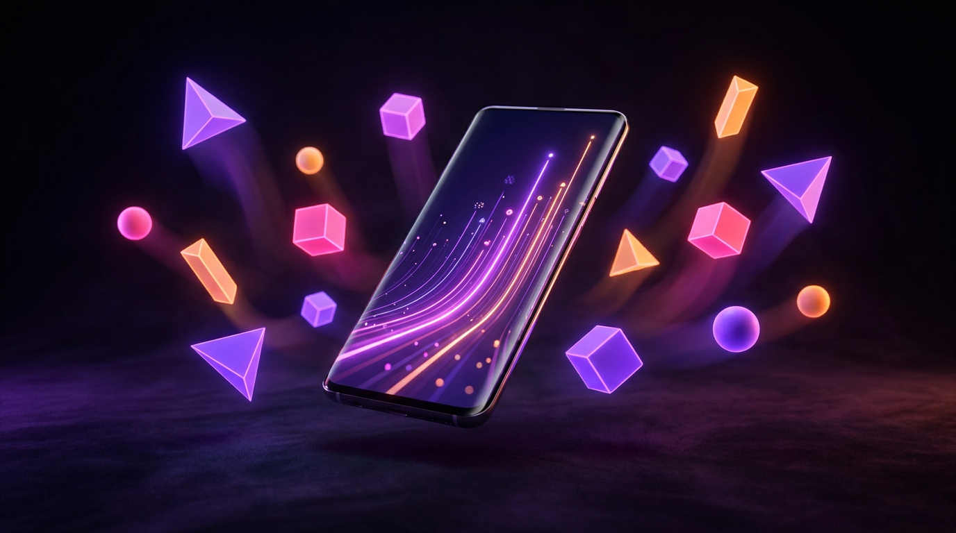 Glowing smartphone with rising analytics graph breaking out of digital chains on dark background