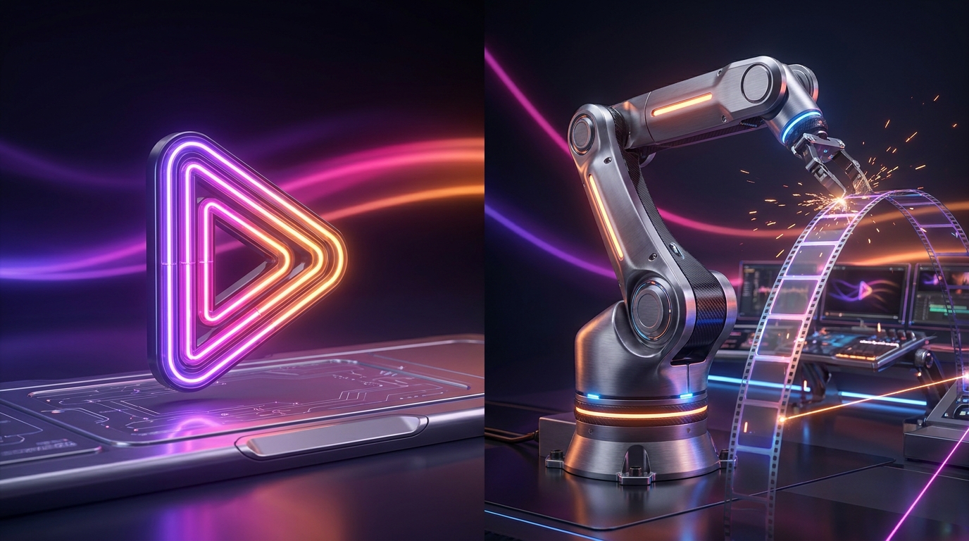 Two robotic arms constructing a glowing smartphone screen on dark background