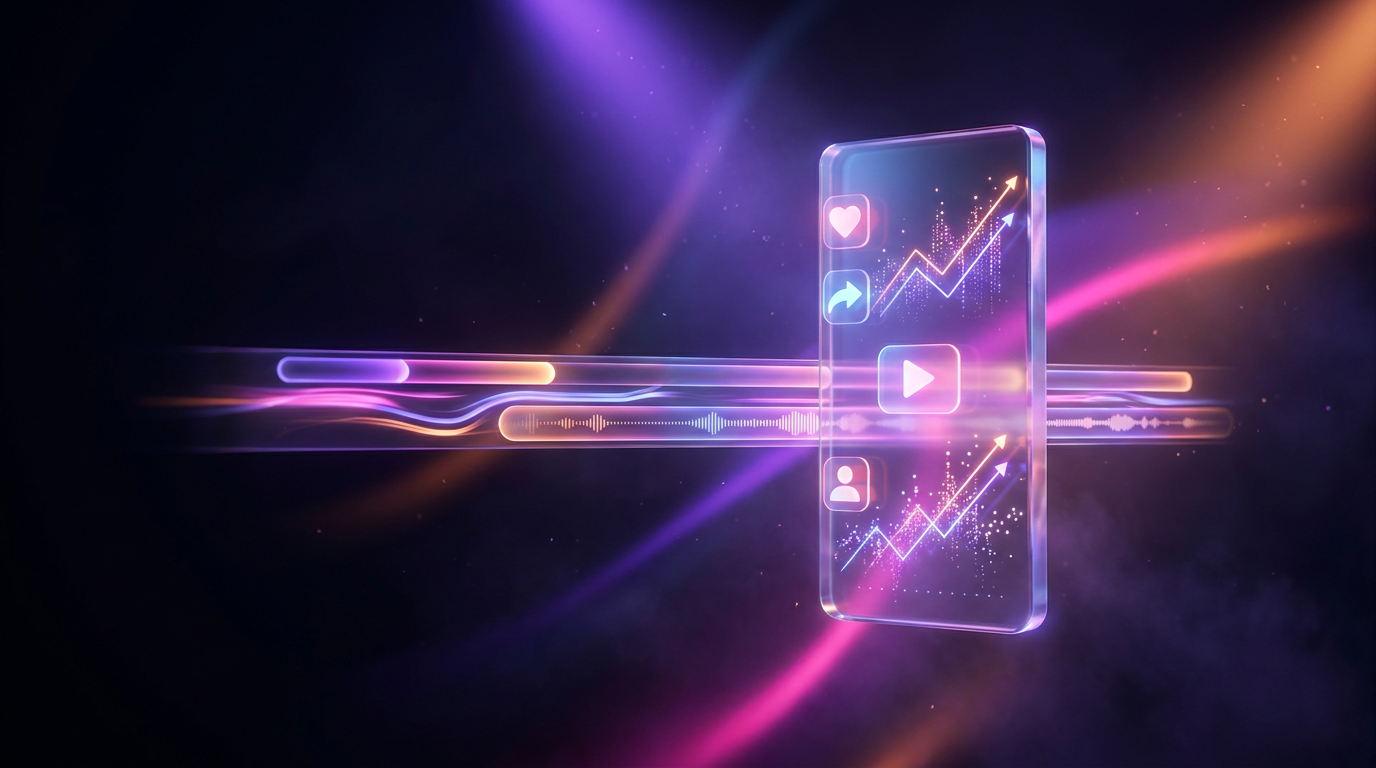 Two futuristic robotic arms editing a holographic video timeline with neon purple accents
