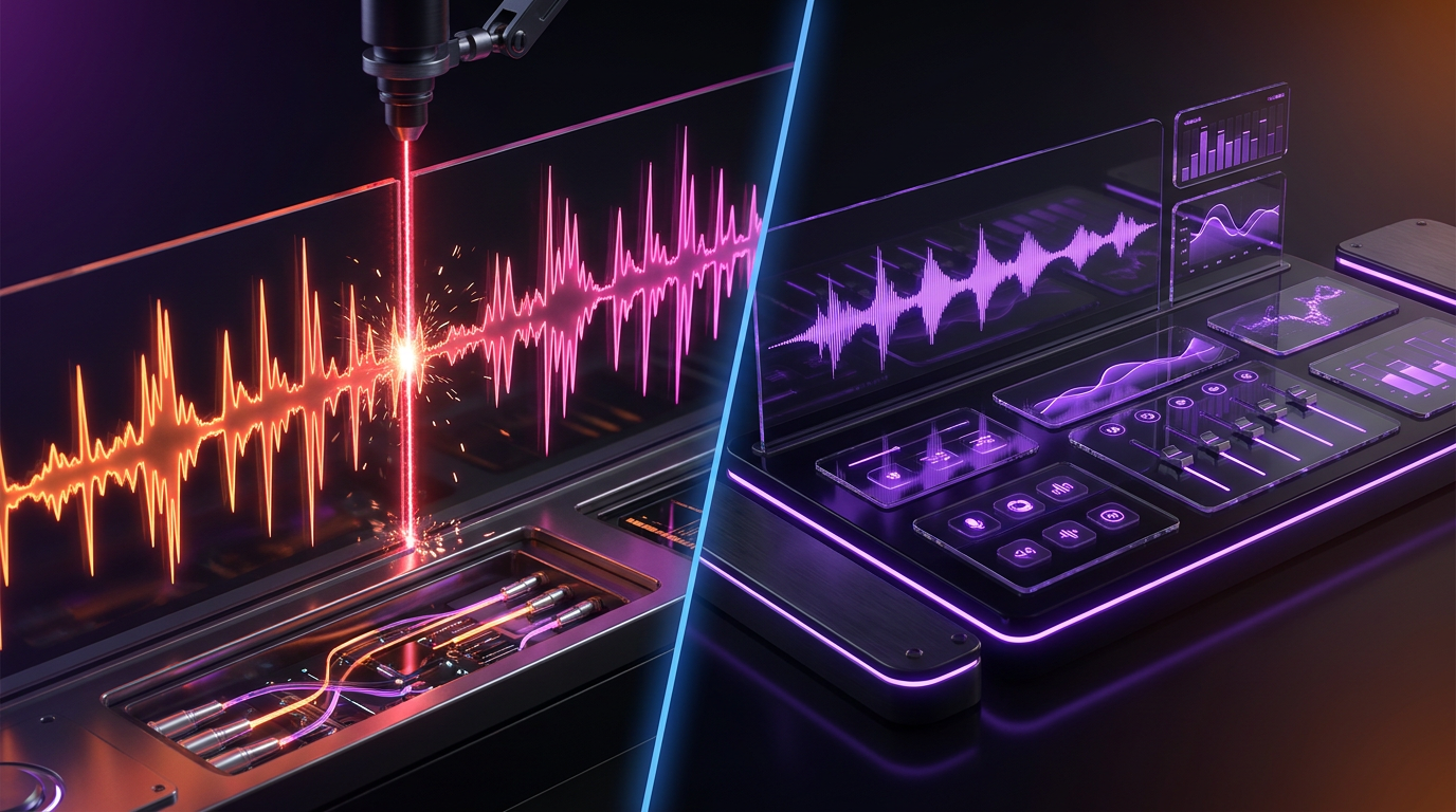 Two glowing neon audio waveforms clashing on a dark futuristic background.