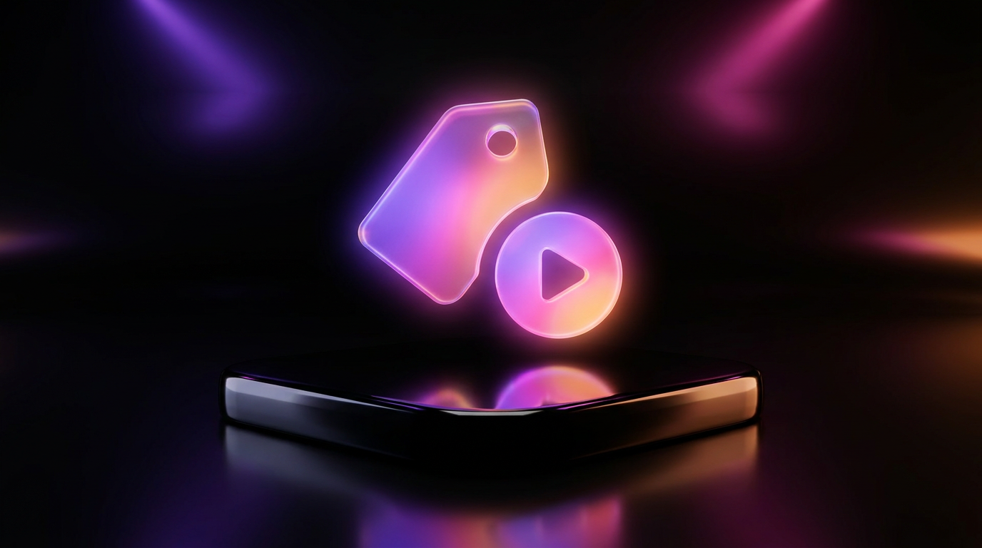 3D digital receipt and glowing video filmstrip on dark background with neon accents